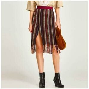 ZARA Flowy Fringe Wrap Skirt Striped Boho Moroccan Vacation Women’s M